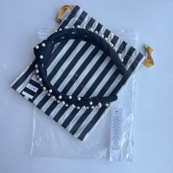 RARE Lele Sadoughi Timeless Chic Black Knotted Pearl Headband Gold Logo - Picture 2 of 9